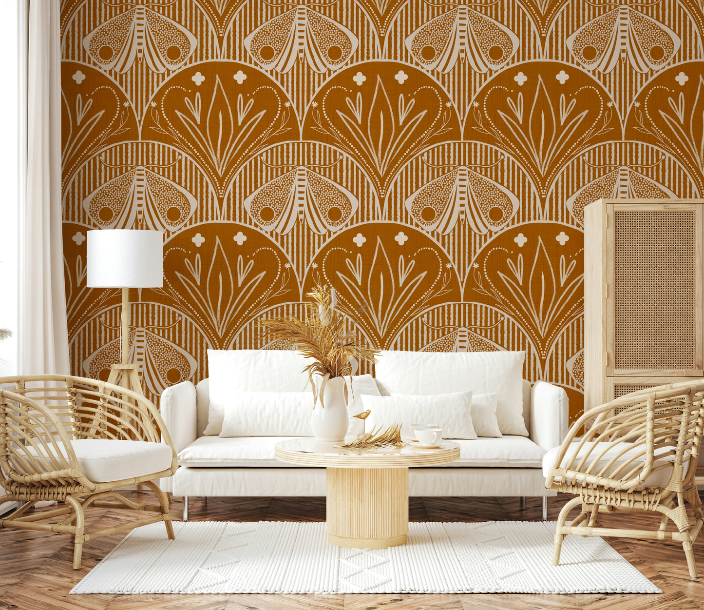 Boho Art Nouveau Scallop Butterfly Floral in Burnt Orange Wallpaper⁠