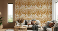 Floral in Cream and Burnt Orange wallpaper, vintage moth, arch, textured design.