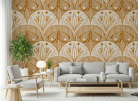 Boho Art Nouveau or Scallop Butterfly wall mural, cream, burnt orange, aesthetic pattern.
