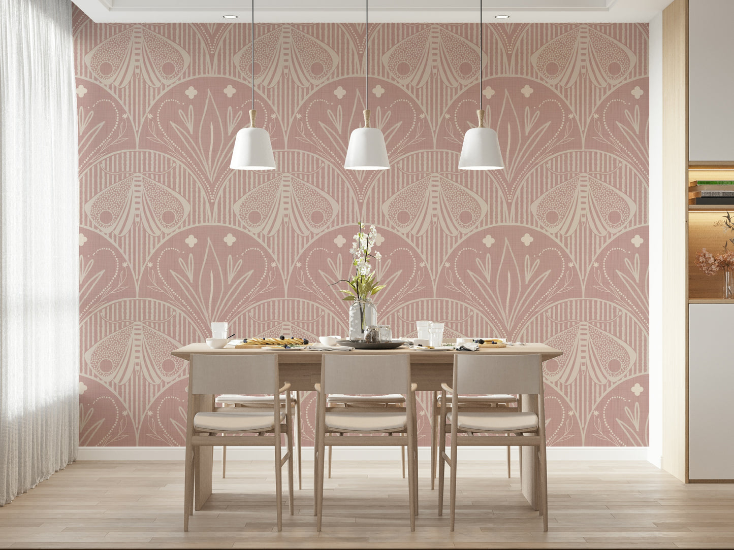 Boho Art Nouveau Scallop Butterfly Floral in Cream and Dust Pink Wallpaper⁠