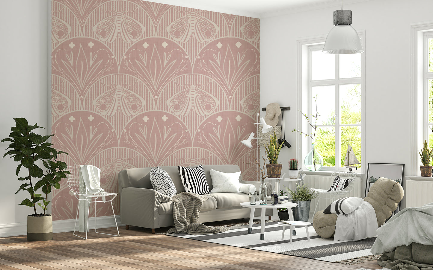 Boho Art Nouveau Scallop Butterfly Floral in Cream and Dust Pink Wallpaper⁠