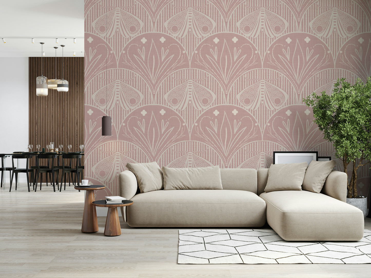 Boho Art Nouveau Scallop Butterfly Floral in Cream and Dust Pink Wallpaper⁠
