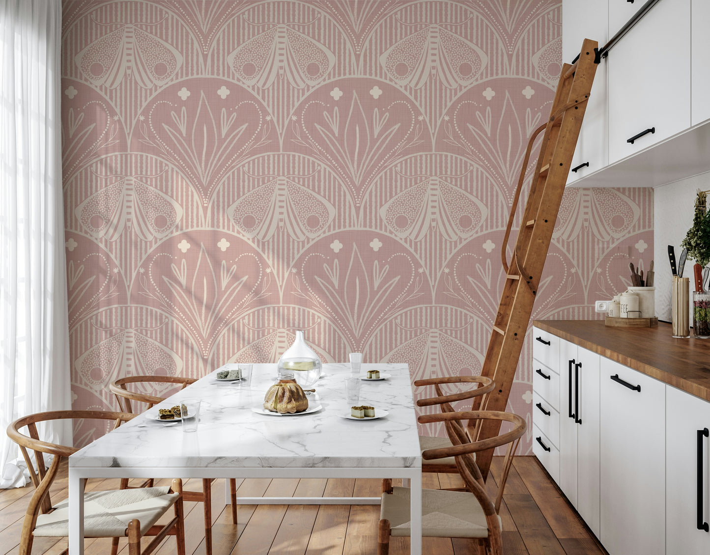 Boho Art Nouveau Scallop Butterfly Floral in Cream and Dust Pink Wallpaper⁠
