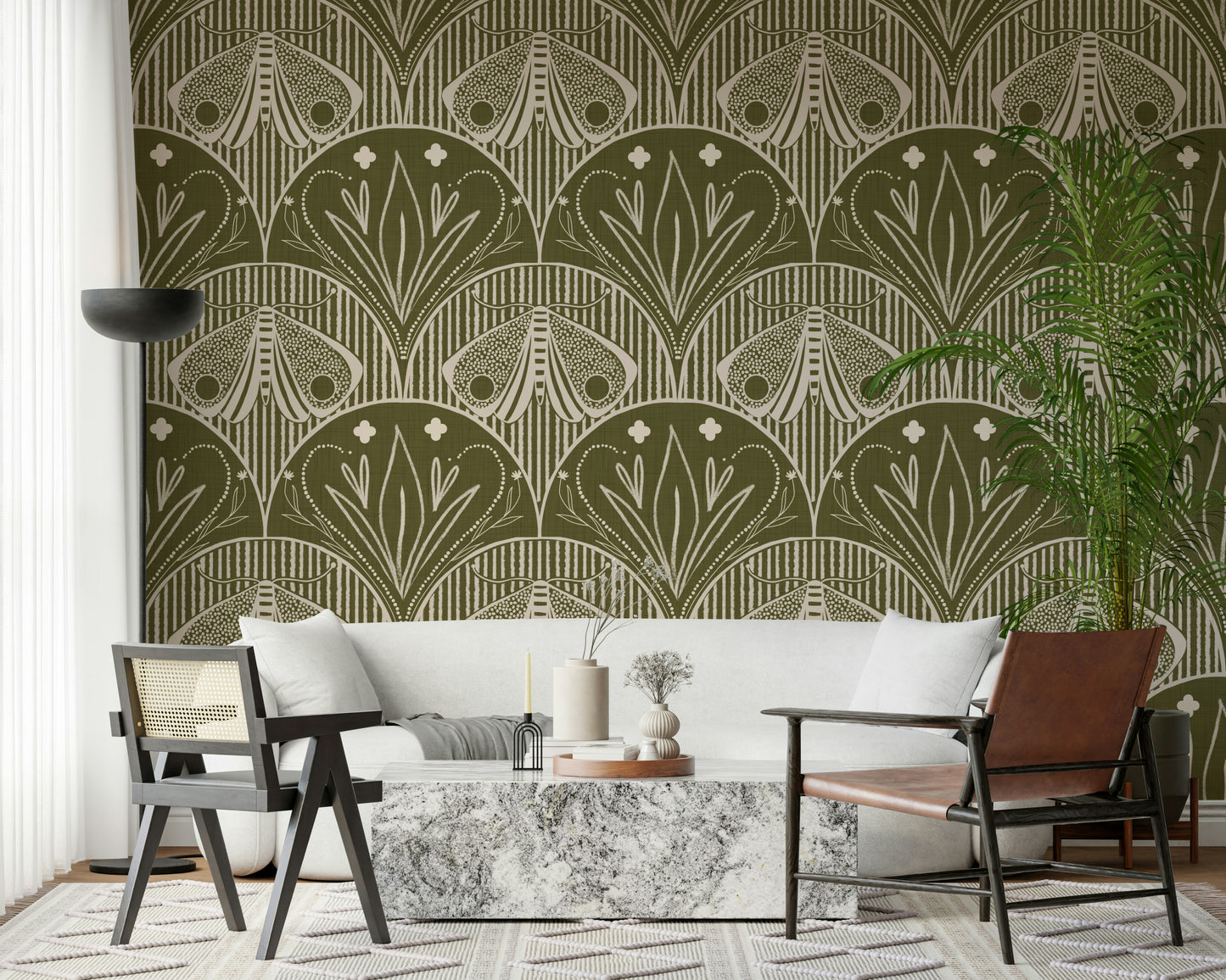 Boho Art Nouveau Scallop Butterfly Floral in Olive Drab Wallpaper⁠