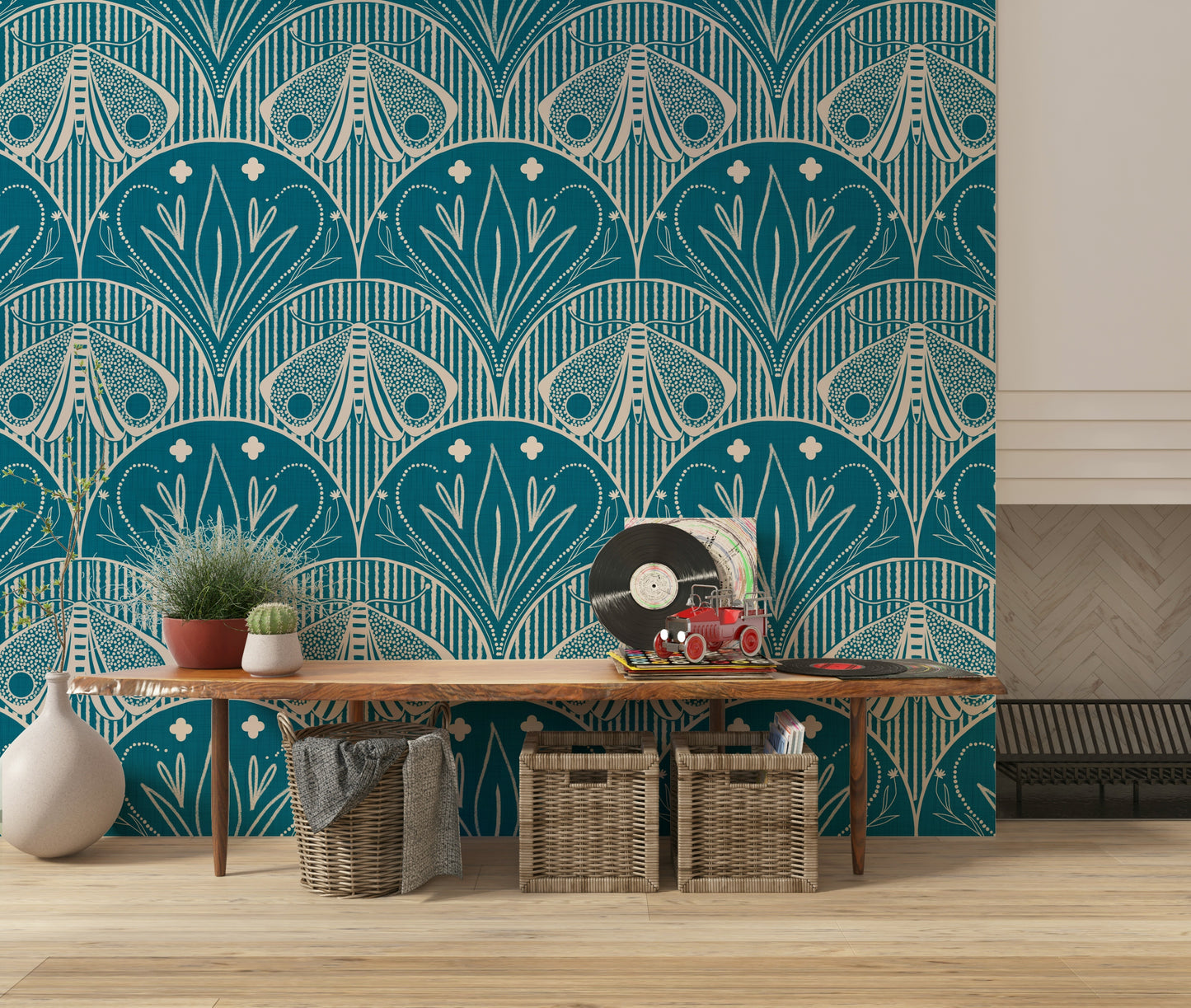 Vibrant Boho Art Nouveau wall mural elegant insect design bold backdrop.