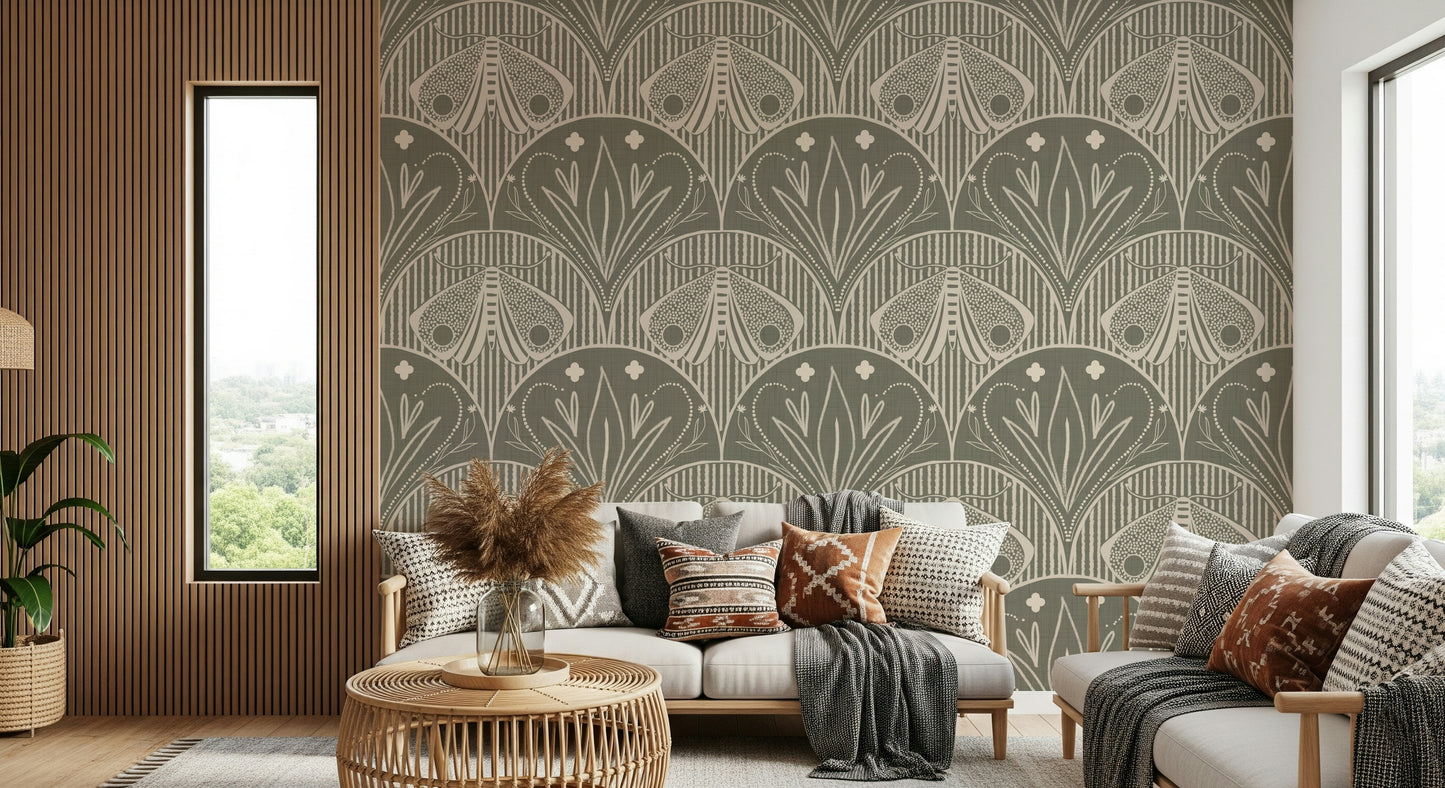 Boho Art Nouveau Scallop Butterfly Floral in Warm Taupe Grey Wallpaper⁠
