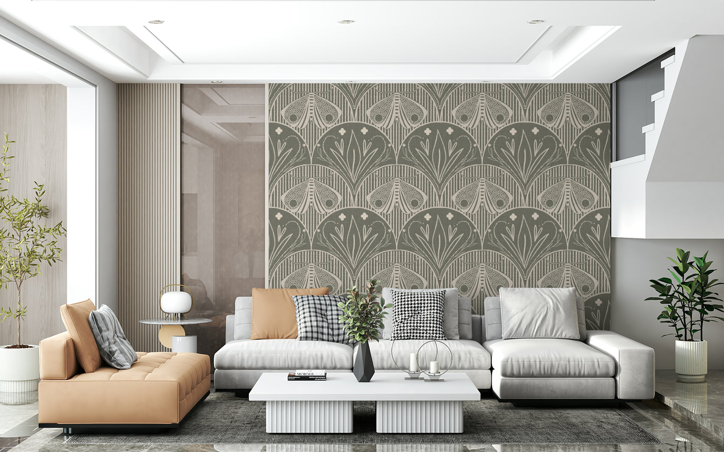 Boho Art Nouveau Scallop Butterfly Floral in Warm Taupe Grey Wallpaper⁠