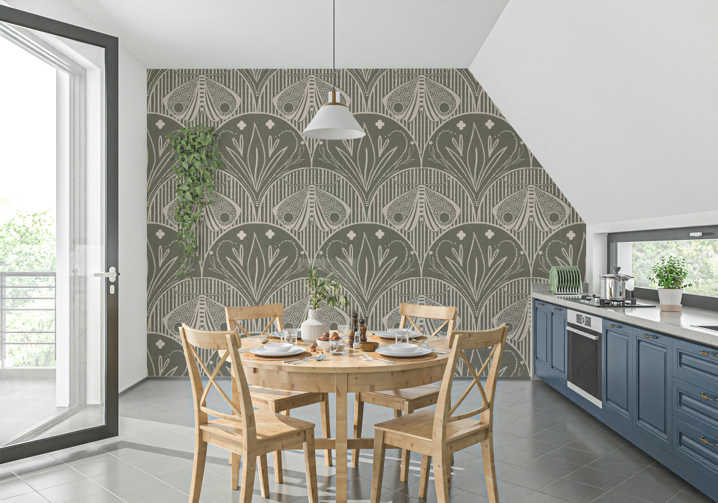 Boho Art Nouveau Scallop Butterfly Floral in Warm Taupe Grey Wallpaper⁠
