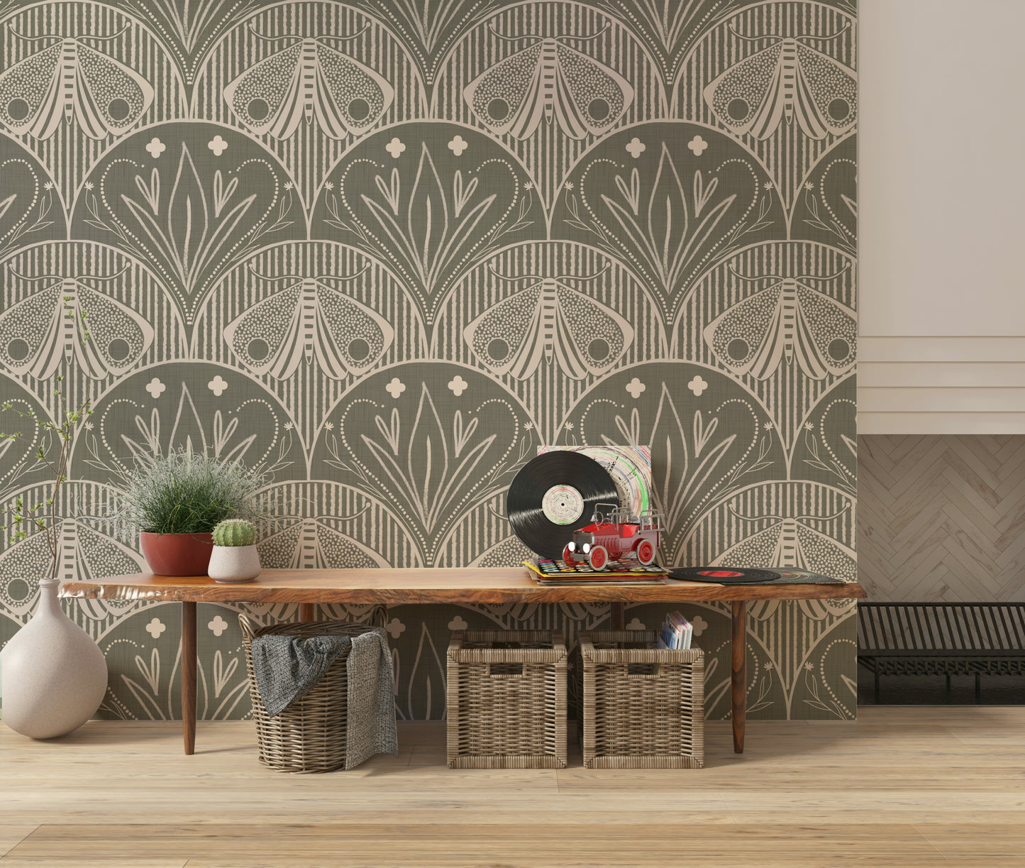 Boho Art Nouveau Scallop Butterfly Floral in Warm Taupe Grey Wallpaper⁠
