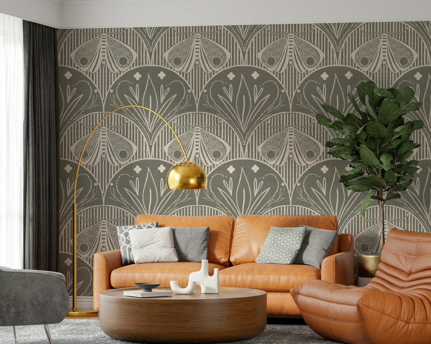 Boho Art Nouveau Scallop Butterfly Floral in Warm Taupe Grey Wallpaper⁠