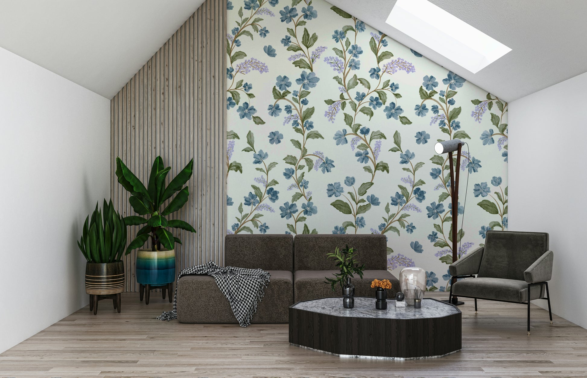 Modern Azure Bloom Trail wall décor graceful cascading bloom illustration.