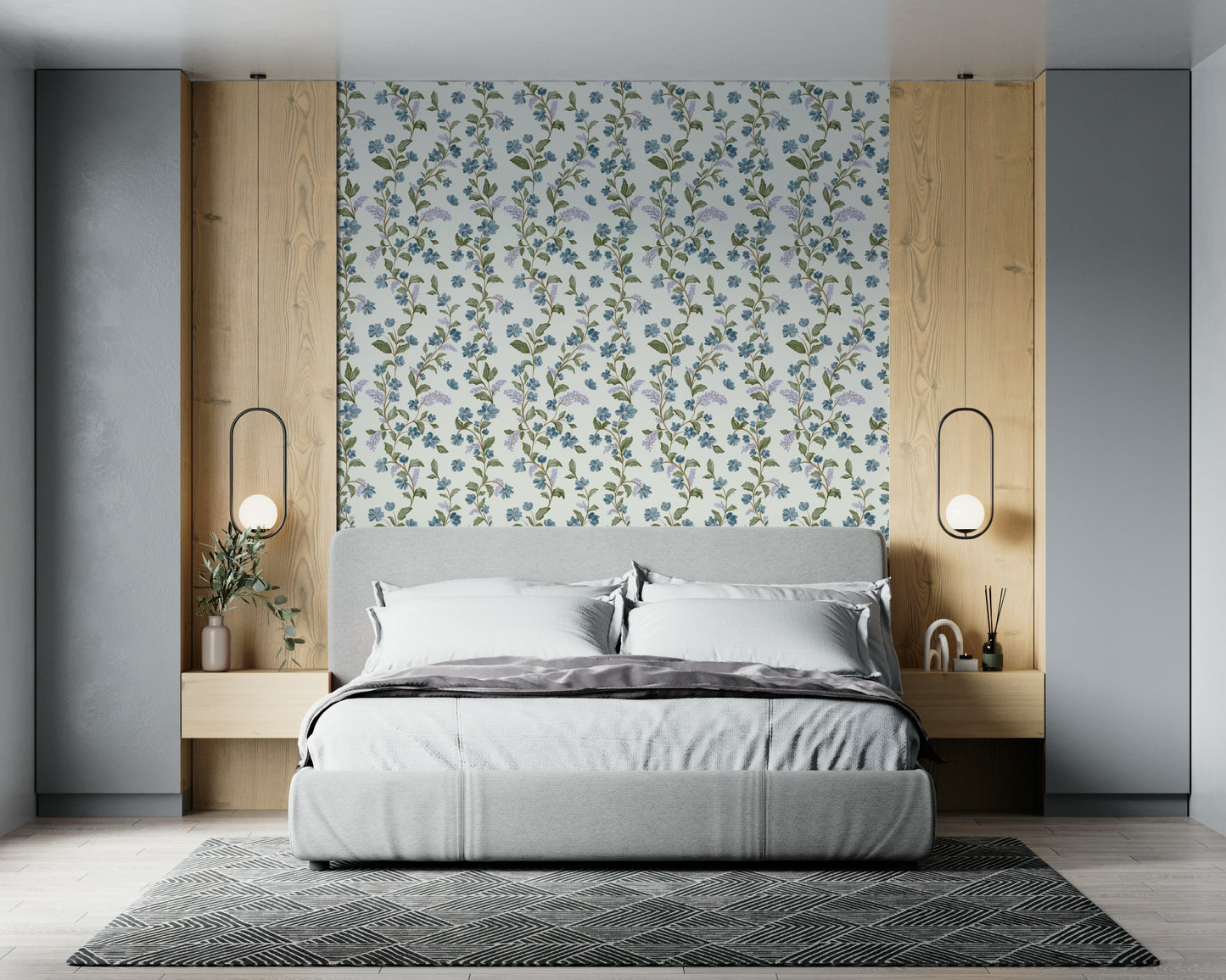 Peaceful Azure Bloom Trail adhesive mural nature inspired wall covering.
