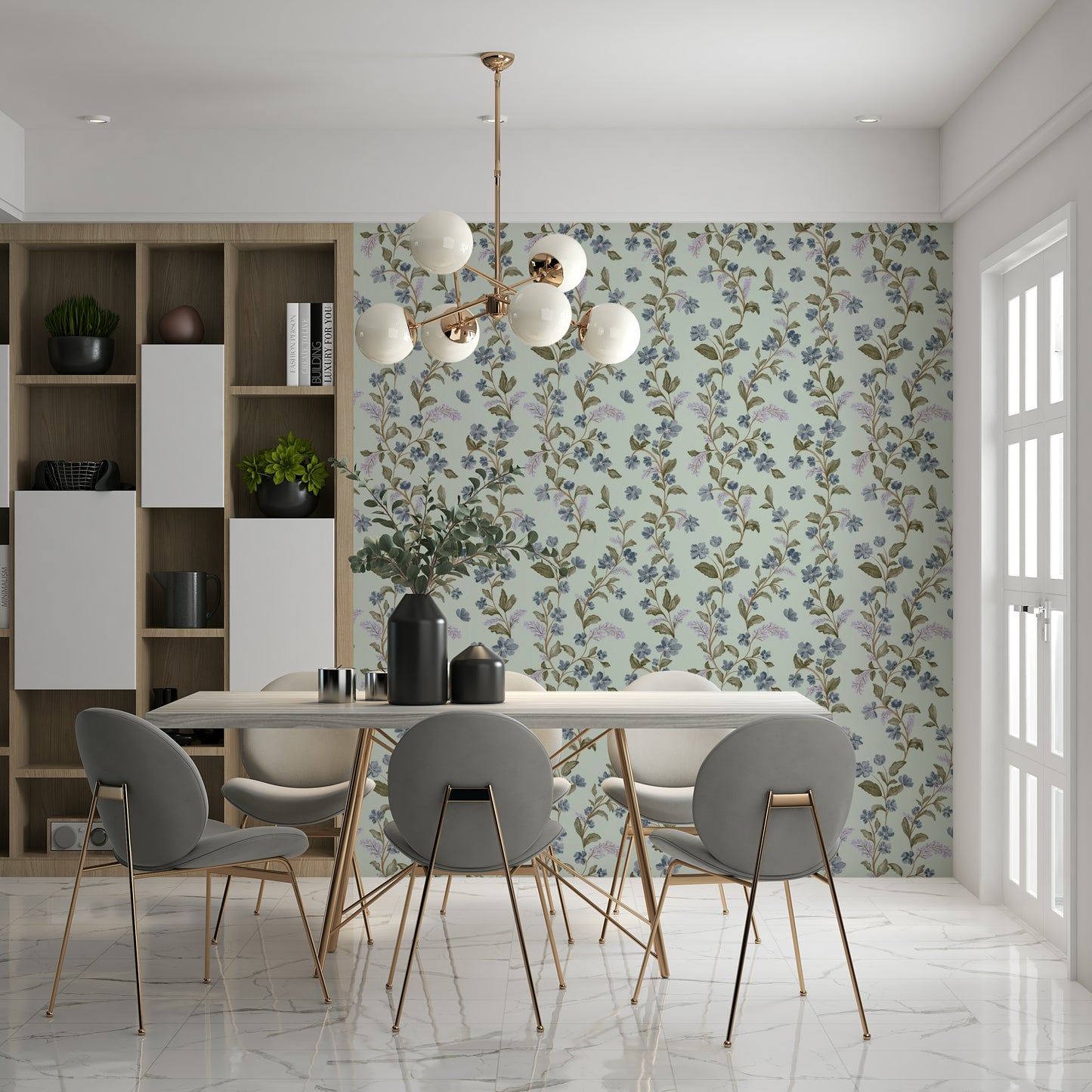 Subtle Soft Blue Floral Pattern removable wallpaper elegant home décor item.