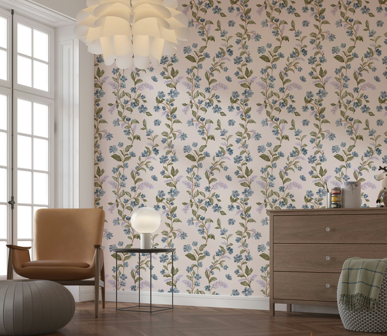 Watercolor blue flowers on Denim Dreams Floral wallpaper.