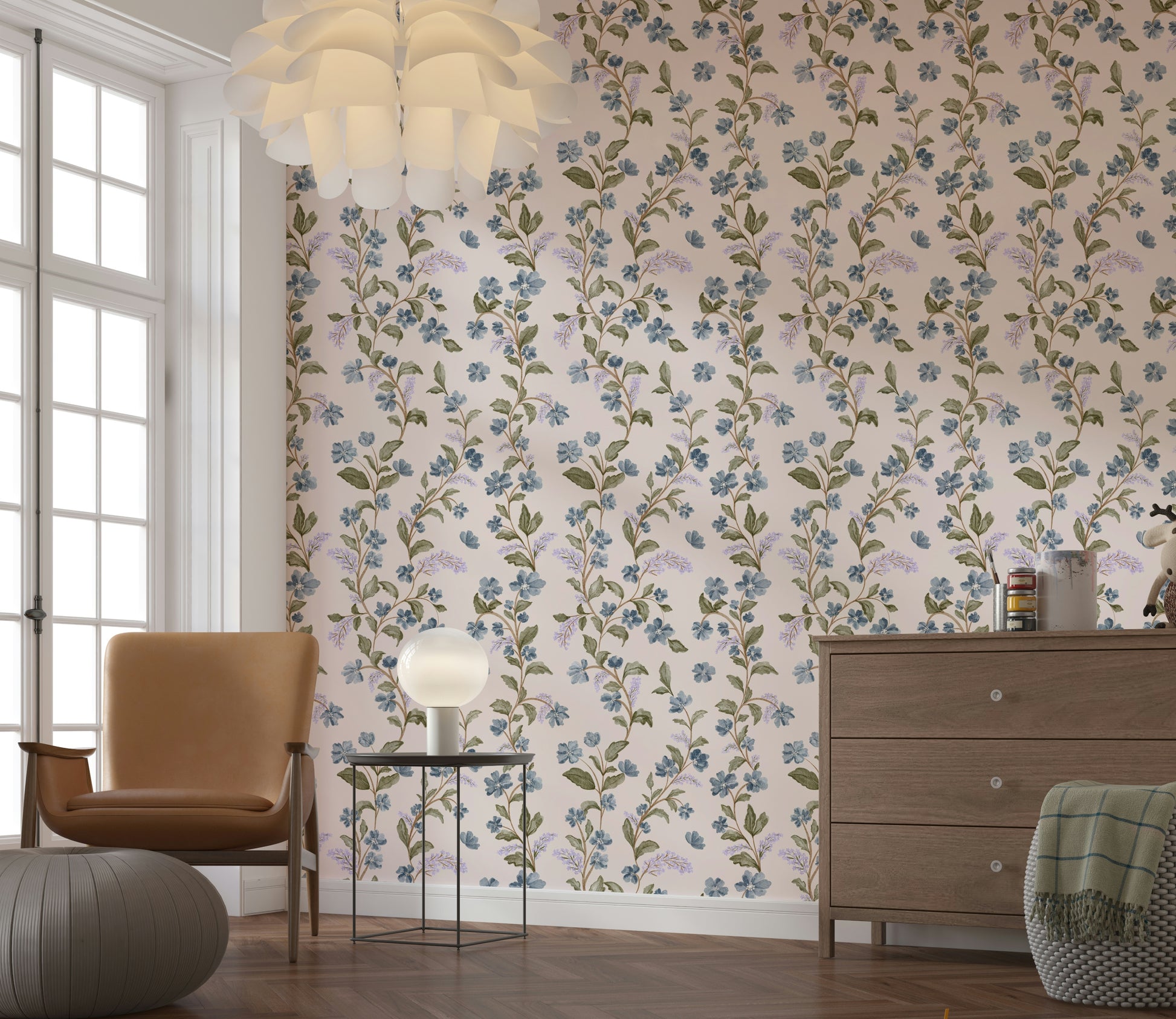 Watercolor blue flowers on Denim Dreams Floral wallpaper.