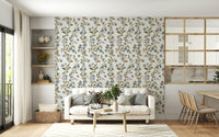 Blue Floral Vines wall mural watercolor botanical pattern cream background living room