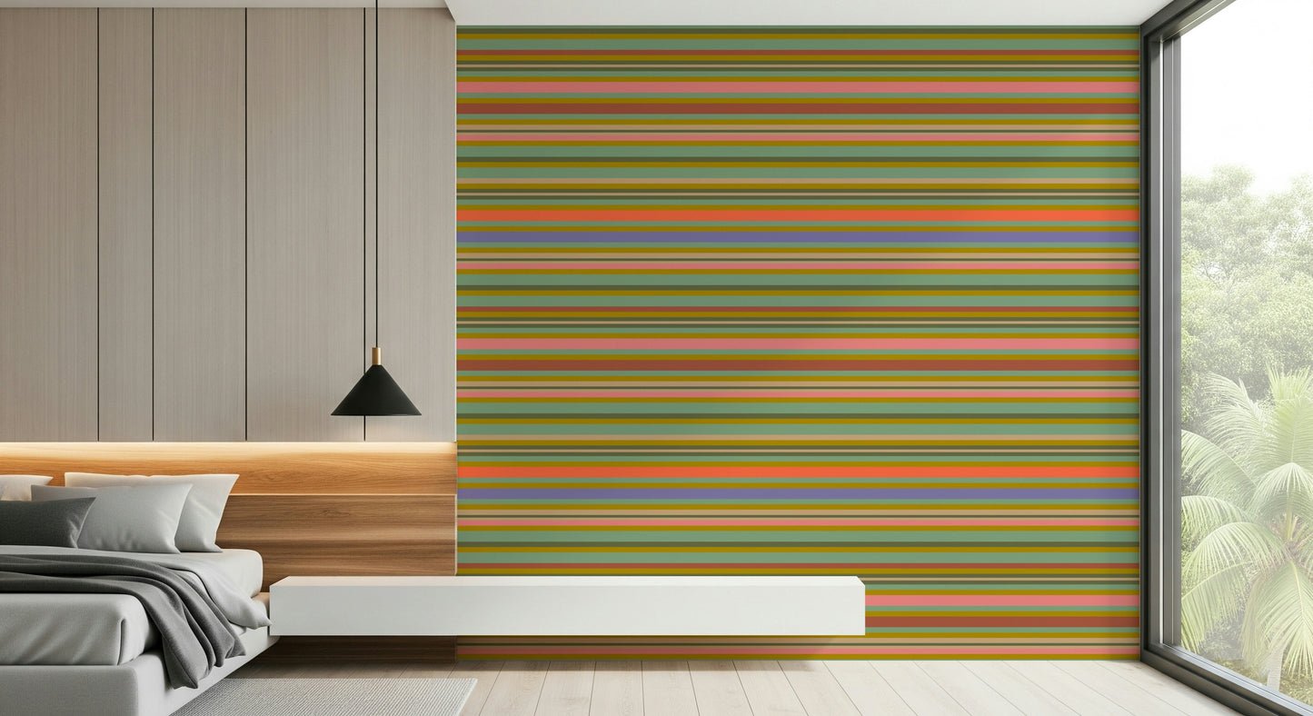 Playtime Stripes wallpaper, alternating thick thin lines, vibrant home decor.