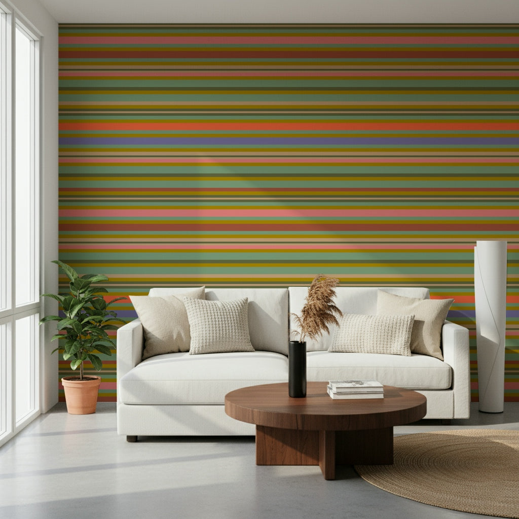 Colorful wall mural, mid-century color scheme, bold stripe composition, Horizontal Classic Striped.