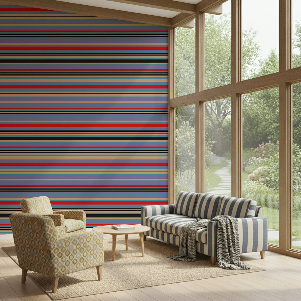 Horizontal Classic Striped peel and stick wallpaper, retro palette, vivid hues.