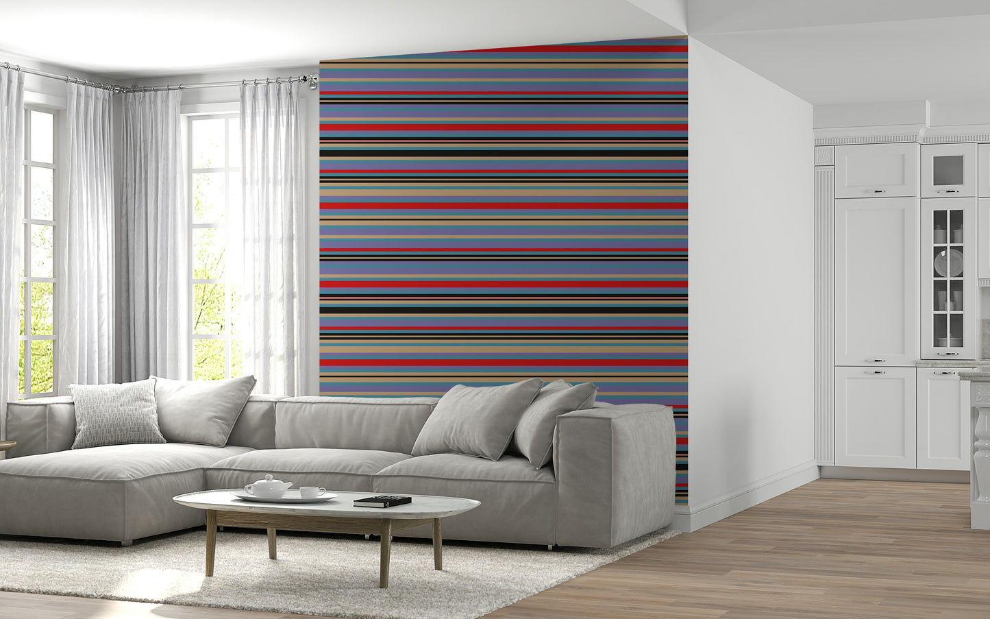 Vibrant Horizontal Classic Striped wall covering, eclectic style, easy decor.