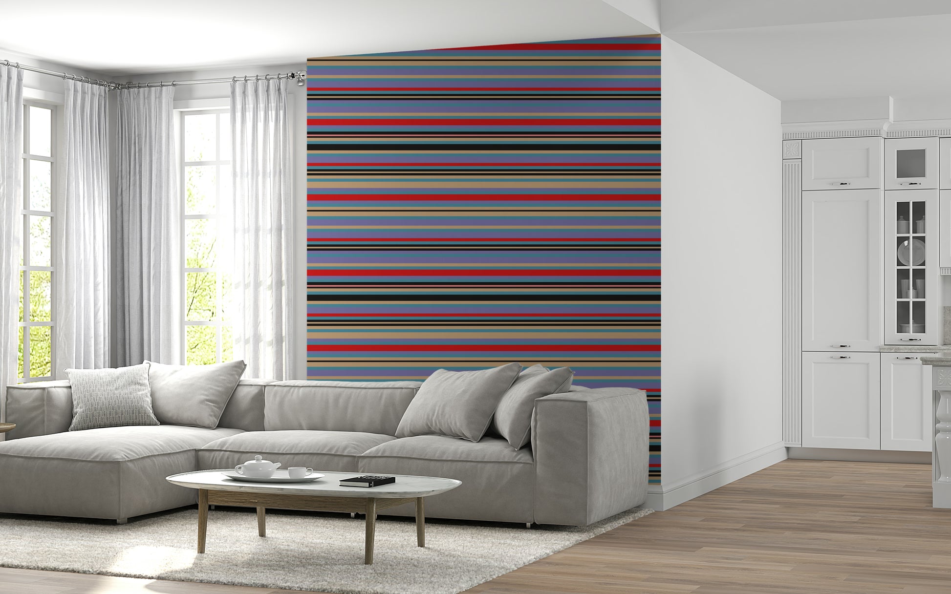 Vibrant Horizontal Classic Striped wall covering, eclectic style, easy decor.