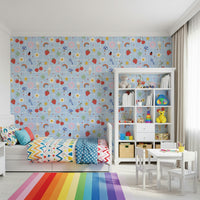 Dainty Lucky Charm removable wallpaper; clovers, flowers, bright blue grid.