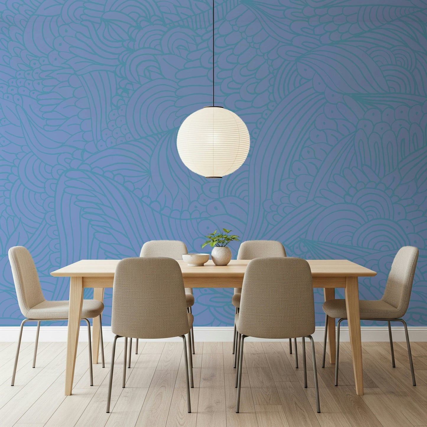 Azure Zen Doodle soothing blue abstract line wallpaper. Home decor.