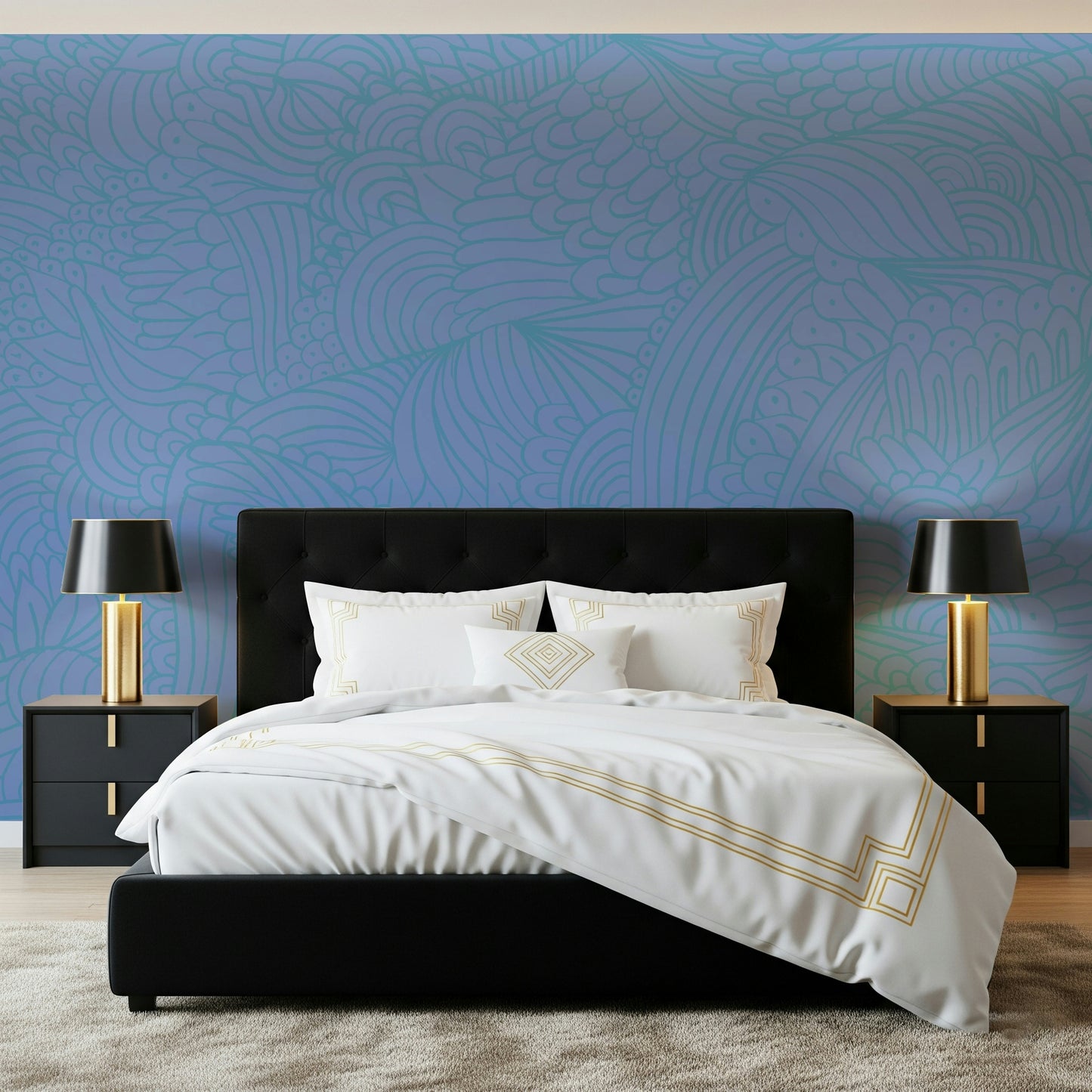 Curvy line art wall mural. Azure Zen Doodle graphic pattern print.