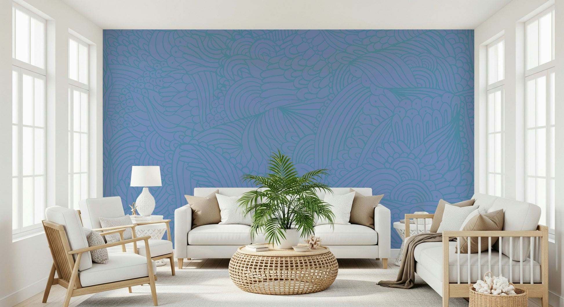 Calm Azure Zen Doodle wall paper Wavy intricate organic drawing.