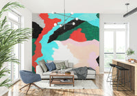 Lagoon Wall abstract colorful wallpaper. Bold blue green red wall mural.
