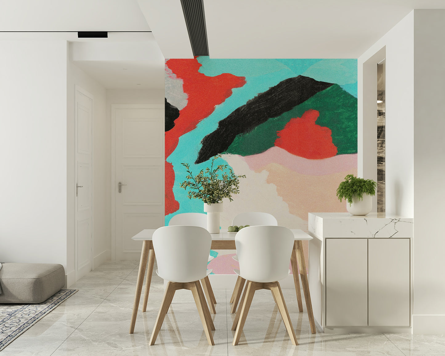 Turquoise green black red abstract print. Lagoon Wall mural.
