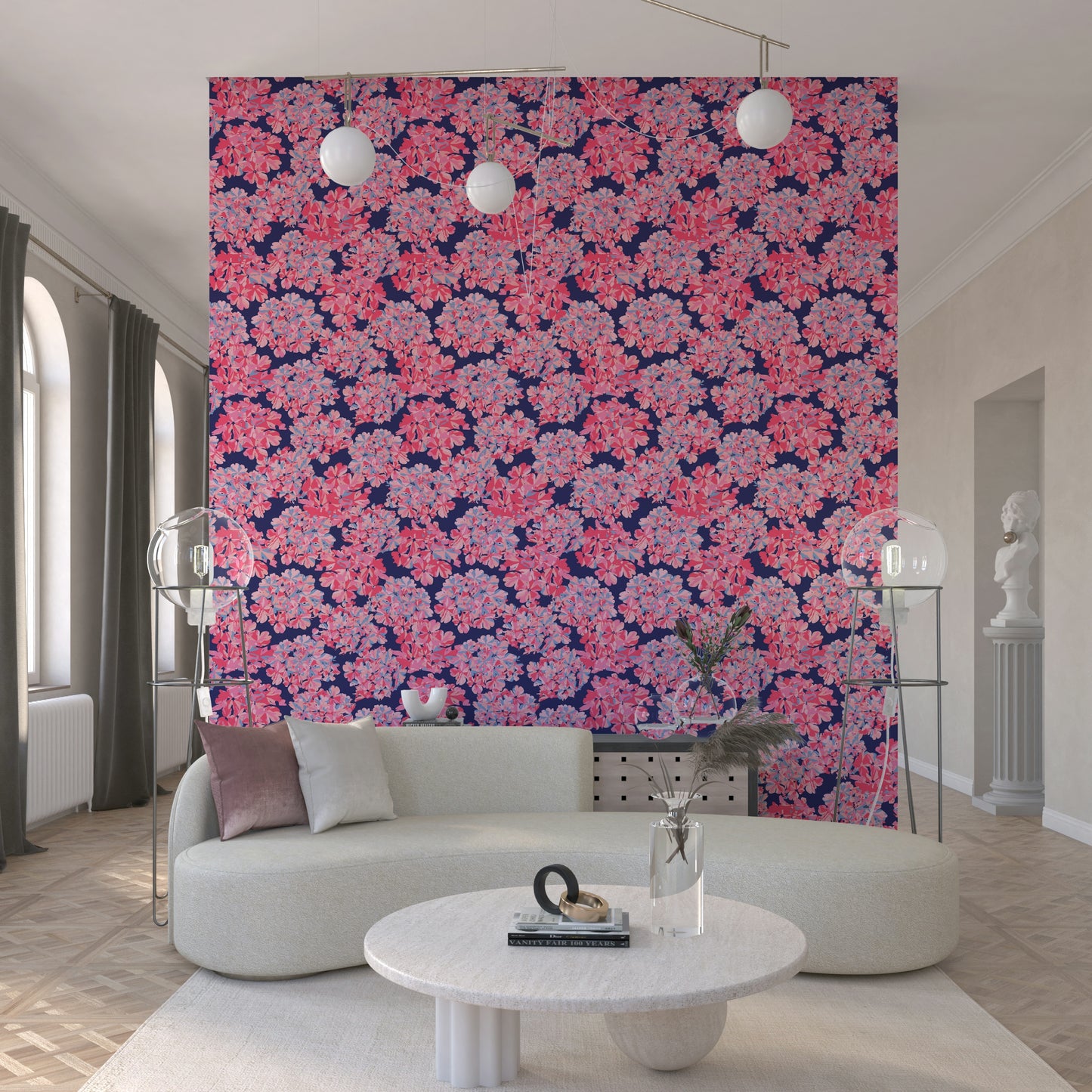 English Floral Antique large flower wallpaper. Pink Blue Blush pattern.