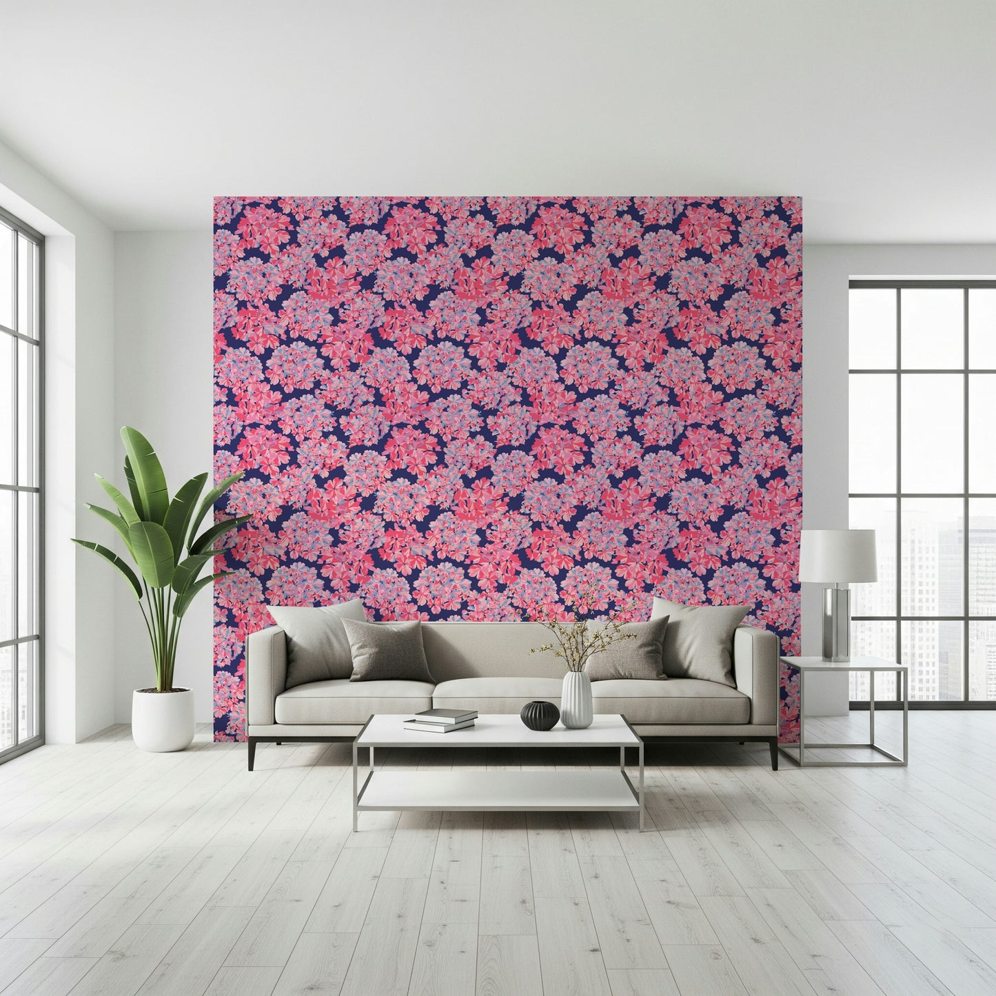 Big Bloom Hydrangeas Vintage flowered wall covering. Decor pink shades.