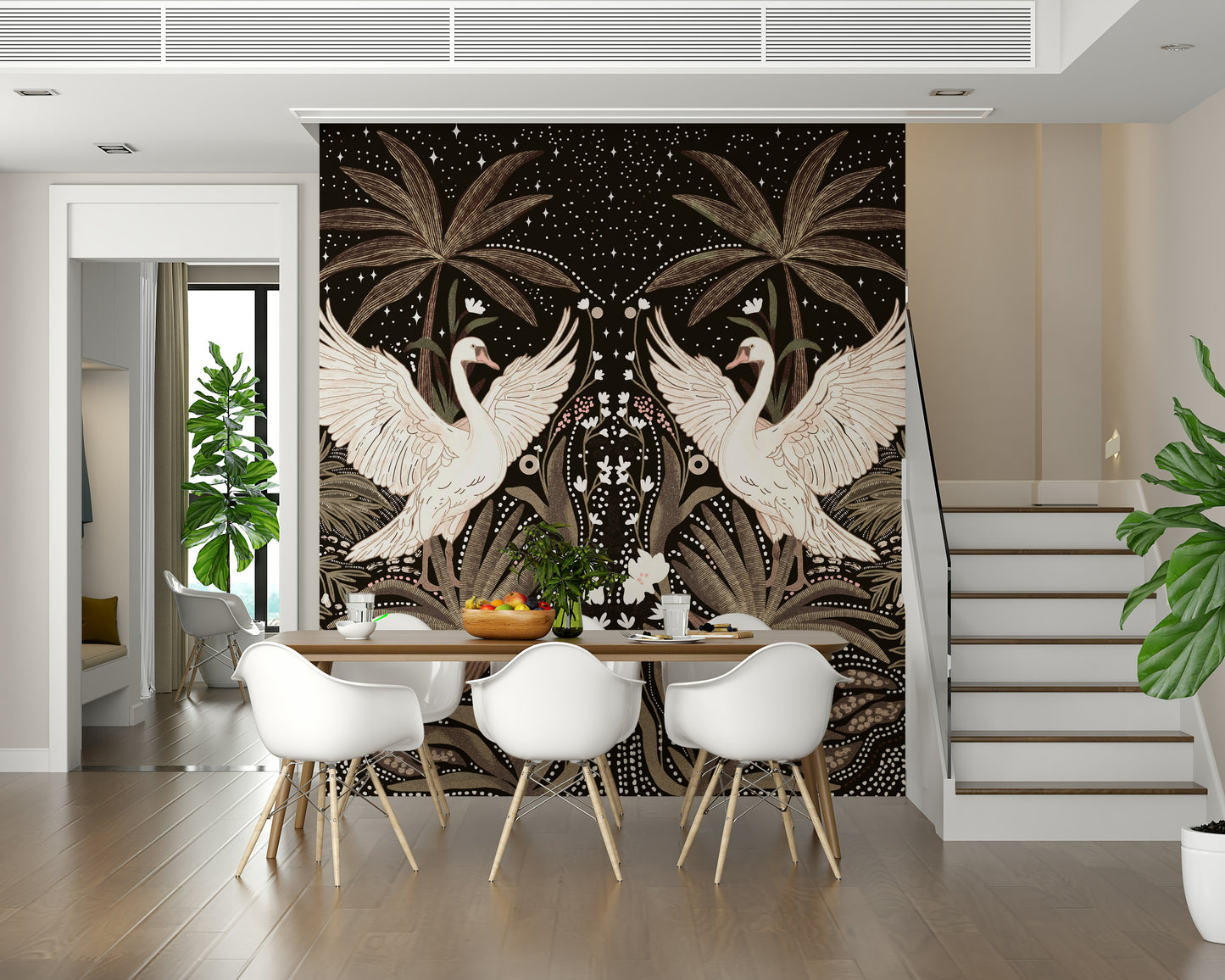 Swan Nightfall Serenity dark tropical paradise wall mural.