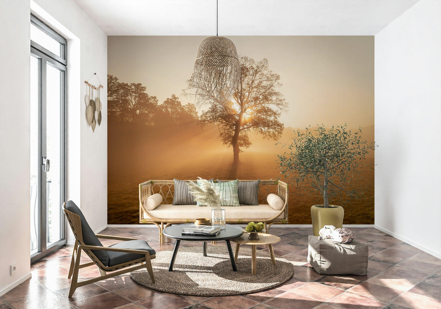 Countryside Golden Mist photography print, sunrise wall mural.