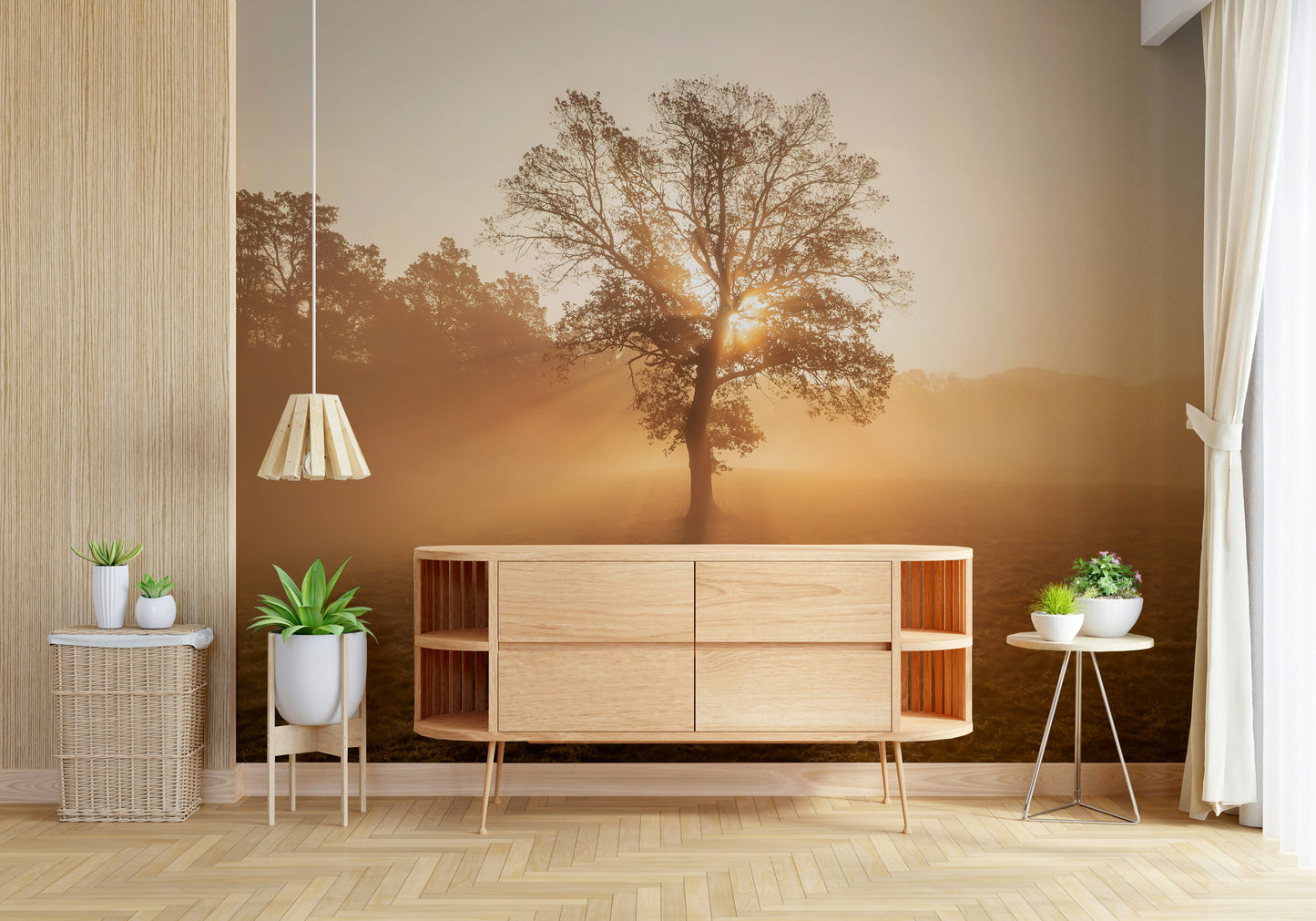 Serene Golden Mist scene, tree sun rays wallpaper print.