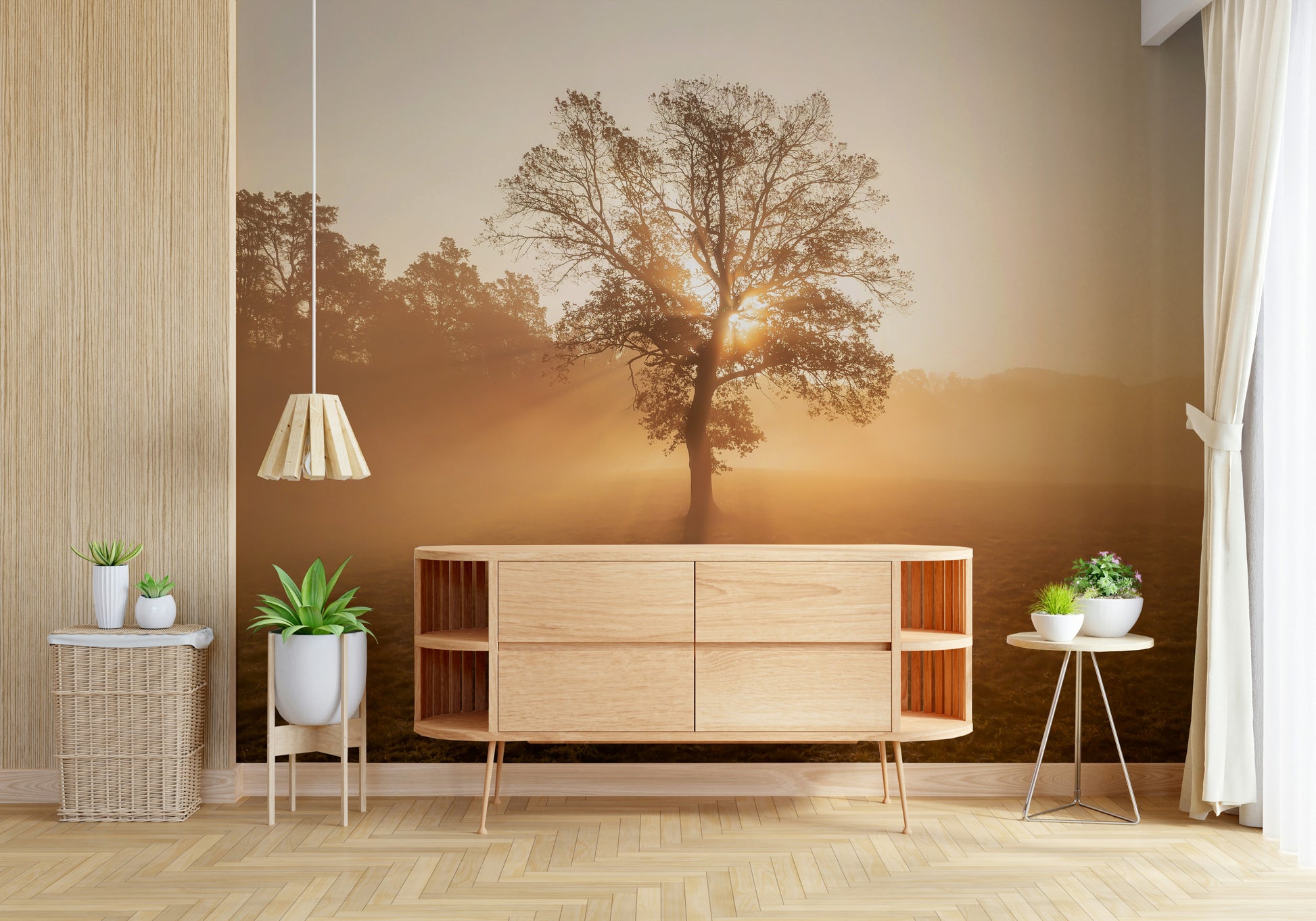 Serene Golden Mist scene, tree sun rays wallpaper print.