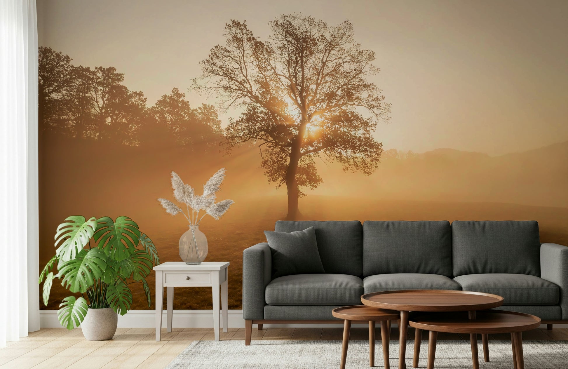 Inspiring Golden Mist wall decor, foggy meadow atmosphere.
