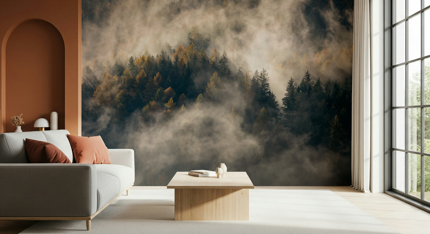 Symmetrical fog banks of Misty Woods Serenity mural.