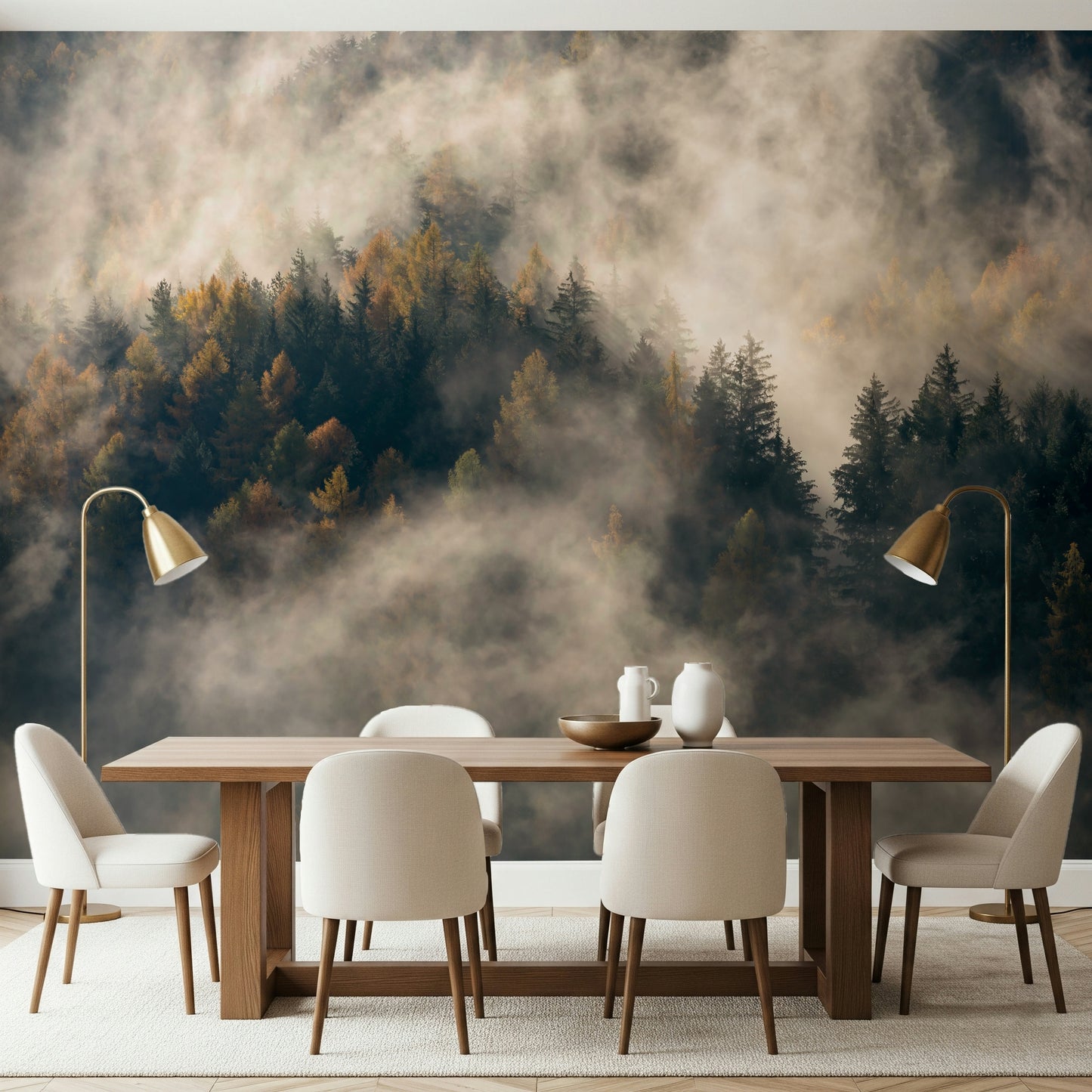 Nature-inspired Misty Woods Serenity wall covering, peaceful view.