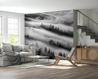 Moody black and white landscape frame Forest Veil accent wall.