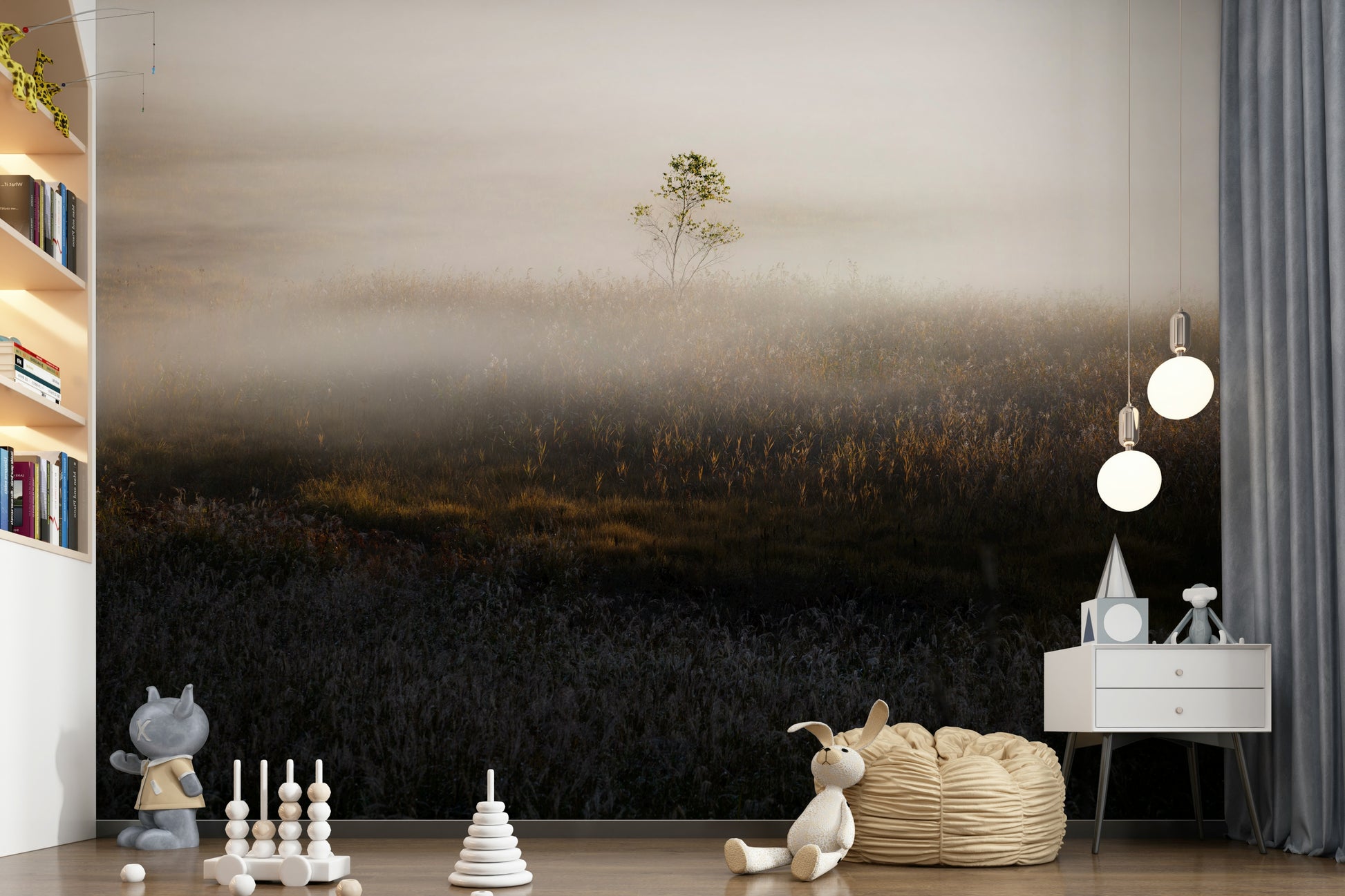 Scattered tall grasses in Misty Dawn Meadow peaceful design.