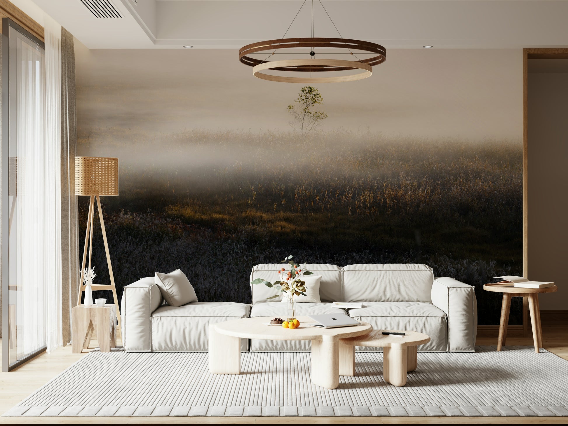 Hazy morning light behind Misty Dawn Meadow wallpaper.