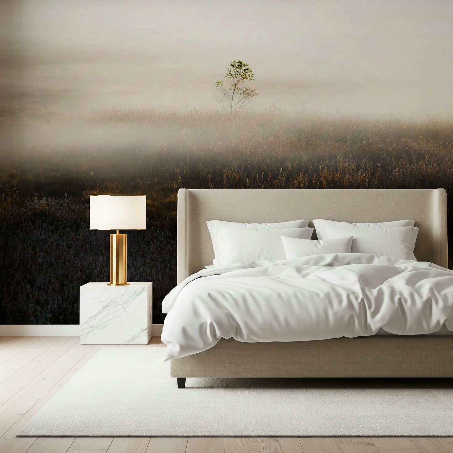 Single small tree on Misty Dawn Meadow mural art.