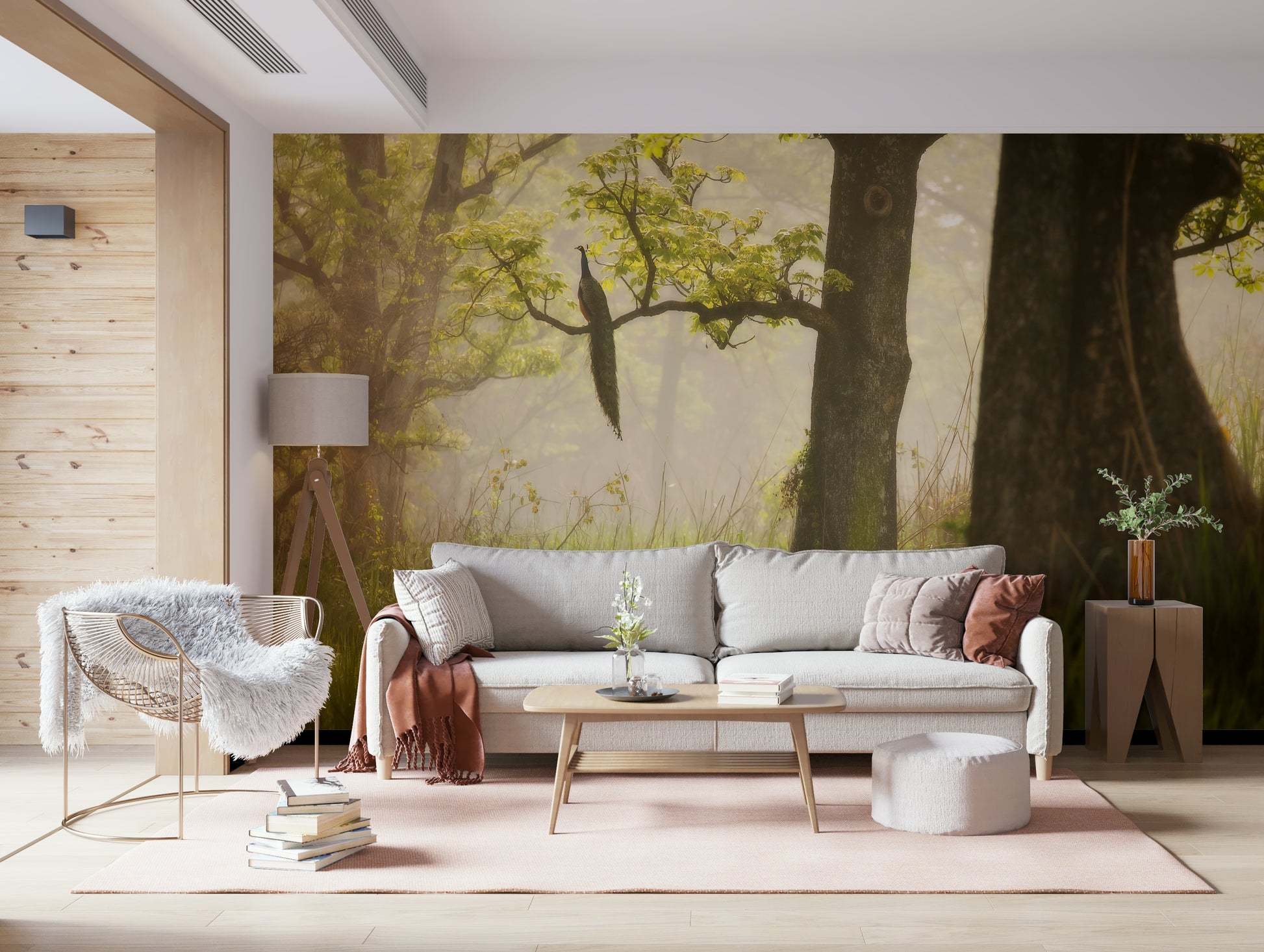 Misty woodland landscape for Enchanted Lush Forest mural art.
