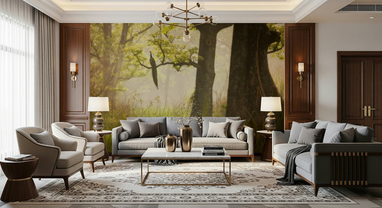 Symmetrical large tree trunks of Enchanted Lush Forest mural.