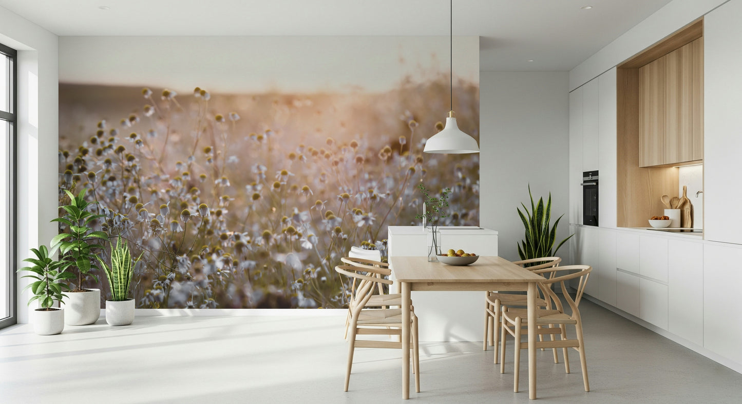 Wildflowers in soft focus of Meadow Bloom Sunset mural art.