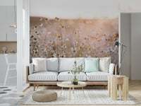 Moody hazy photography on Meadow Bloom Sunset accent wall.