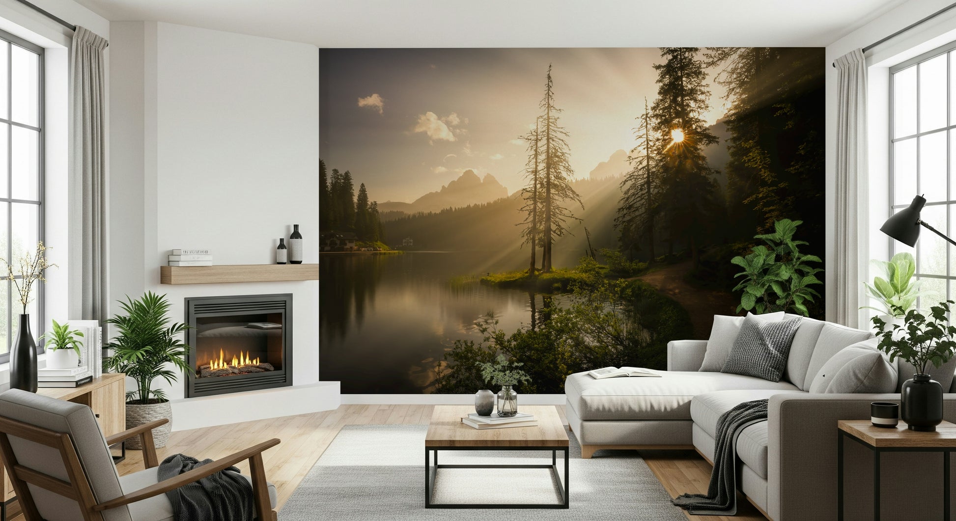 Shadowy mountain backdrop featured in Lakeside Radiance scenic print.