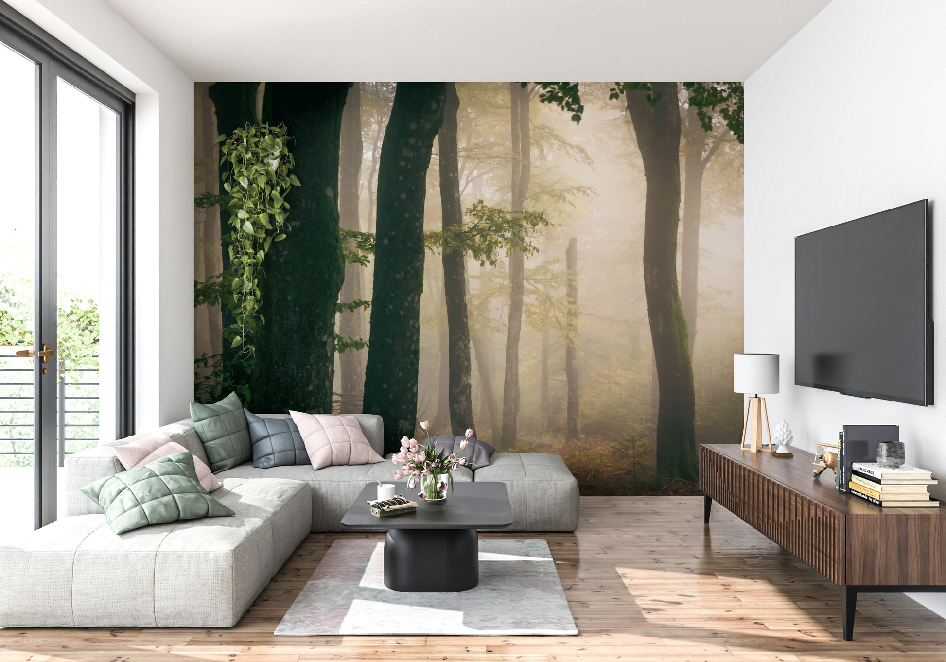 Tranquil Grove wallpaper mural Majestic trees, atmospheric mist, lush forest feeling.